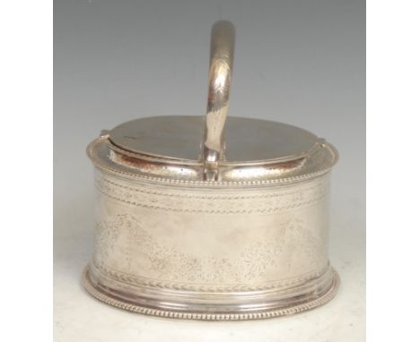 An unusual Victorian silver oval basket-form tea caddy, arched handle above a pair of covers flush-hinged to the centre, brig