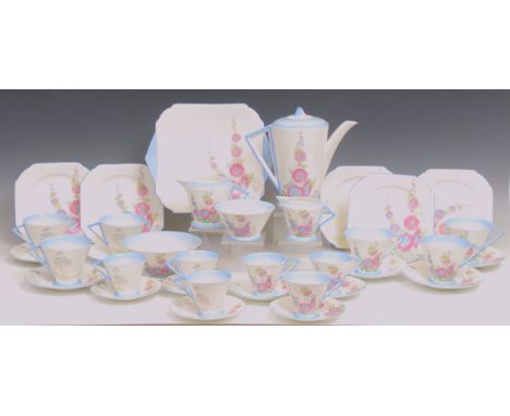 A Shelley Eve shape Holly Hocks pattern tea and coffee set, pattern no 12019, inc, coffee pot, six coffee cups and saucers, c