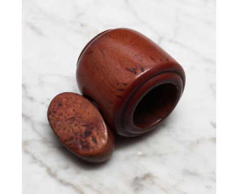 Nutcrackers - an early 19th century boxwood screw-action travelling pocket nut cracker, the cup shaped chamber terminating in
