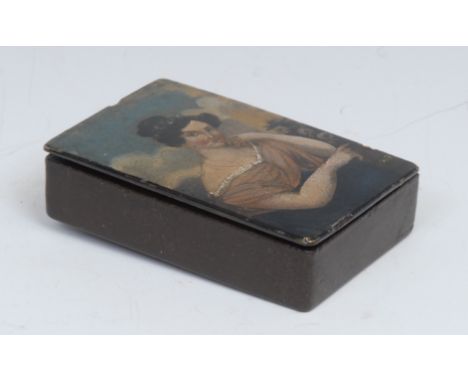 A 19th century papier mache rectangular snuff box, hinged cover painted with a portrait of a young lady, her alluring pose in