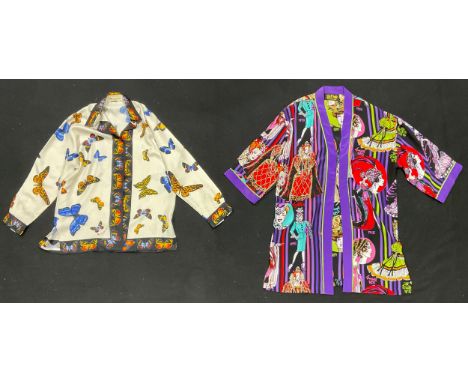 Vintage Fashion - an Aquascutum of London silk blouse, printed with butterflies on a cream ground, long sleeves with button c
