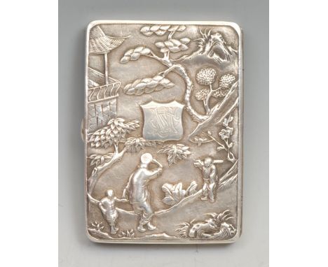 A Chinese silver rectangular visiting card case, chased with figures in a landscape of pines and prunus, to verso with birds,