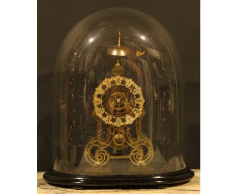 A late 19th century skeleton clock, Hutton, Birmingham, chapter ring inscribed with Roman numerals, fusee movement striking o