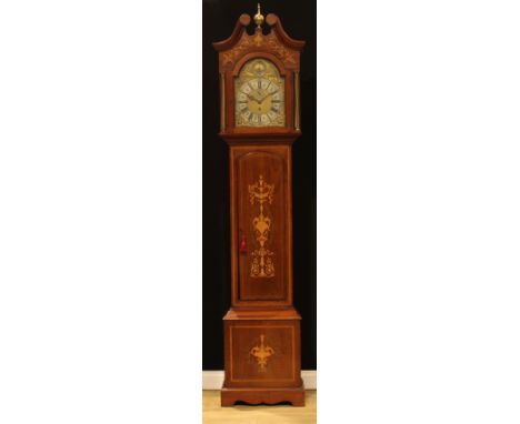 An Edwardian Sheraton Revival satinwood crossbanded mahogany and marquetry musical longcase clock, 30.5cm arched brass dial w