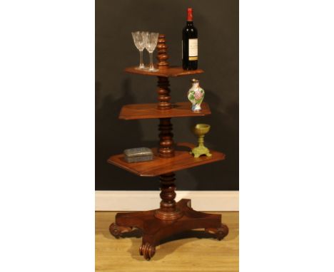 A William IV/early Victorian mahogany three-tier dumbwaiter, graduated canted rectangular plateaux, ring-turned pillar, incur