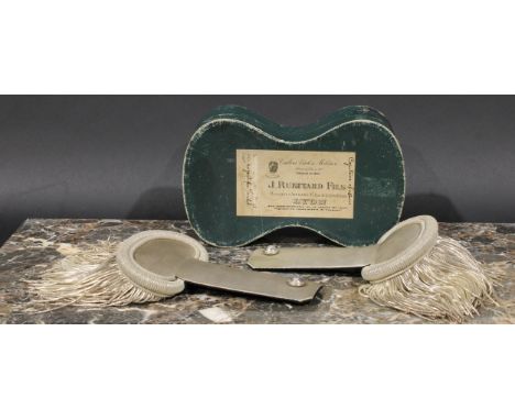 Military Uniform - pair of 19th/early 20th century French silver braid epaulettes, 19.5cm wide, retailed by J Ruettard Fils, 