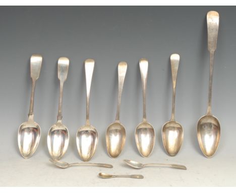 A George III Scottish silver Oar pattern basting spoon, 32cm long, George Fenwick, Edinburgh 1810; other George III silver fl