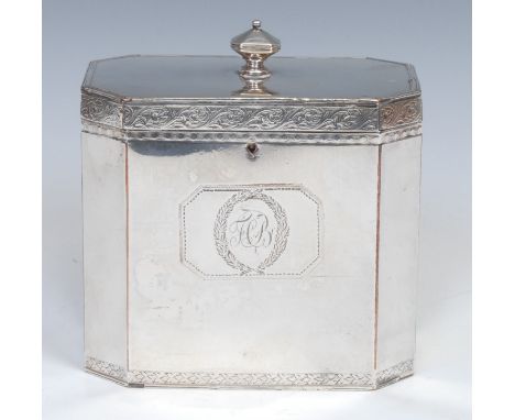 A George III Old Sheffield Plate canted rectangular tea caddy, hinged cover with knop finial, enclosing twin-compartments, br
