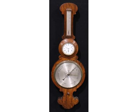 A Victorian walnut combination wheel barometer, timepiece and thermometer, 10cm clock dial inscribed with Roman numerals, the