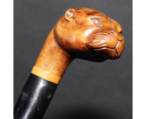 A novelty walking stick or cane, the hardwood pommel carved as the head of an otter, 89cm long 