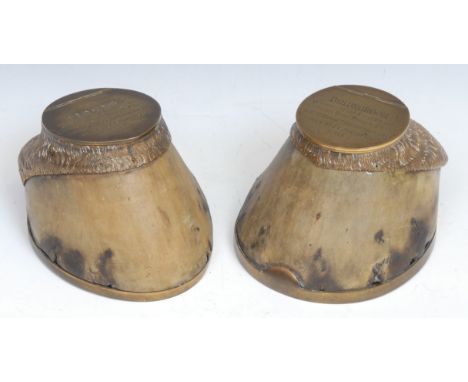 Horse Racing - a pair of Victorian country house taxidermy horse hoof inkwells, each hinged cover inscribed Bridegroom, Winne