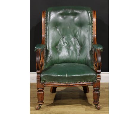 A William IV/early Victorian library chair, stuffed-over upholstery, turned and reeded forelegs, ceramic forecasters, 91cm hi
