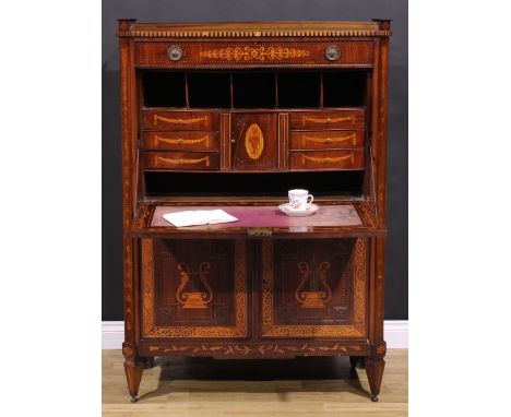 A 19th century Dutch marquetry escritoire, three-quarter gallery above a long drawer and a fall front enclosing a small slidi