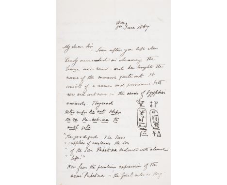Egyptologist.- Birch (Samuel,&nbsp;Egyptologist, 1813-85) Autograph Letter signed to "My dear Sir", 3pp., 8vo, [London], B[ri