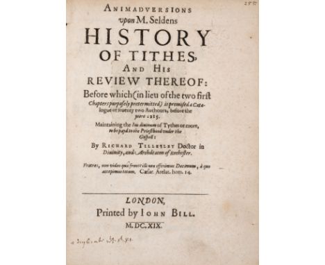 Tax.- Tillesley (Richard) Animadversions upon M. Seldens History of Tithes, and His Review Thereof, first edition, large wood