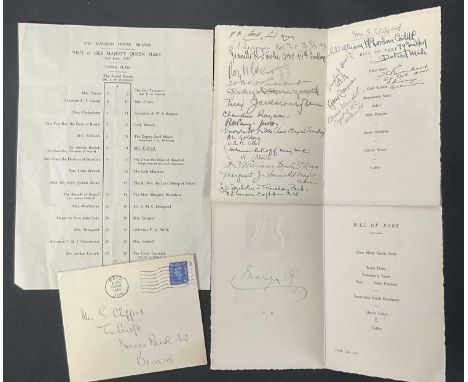 A bill of fare menu for the visit of QUEEN MARY to The Mansion House Bristol of 2nd June 1945 signed by Queen Mary with a tab