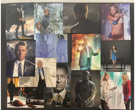 A group of mostly DC Superhero autographs to include NICHOLAS CAGE (Big Daddy, Kick-Ass), RON PEARLMAN (Hell Boy), EZRA MILLE