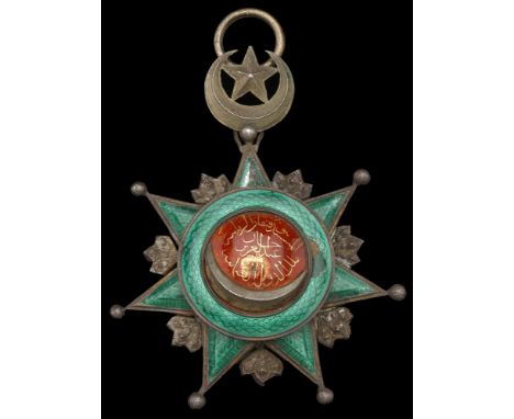 Ottoman Empire, Order of Osmanieh, Fourth Class breast badge, 78mm including Star and Crescent suspension x 65mm, silver-gilt