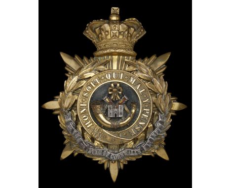 Duke of Cornwall’s Light Infantry Officers Helmet Plate 1881-1912. The standard gilt crowned back plate with laurel and garte