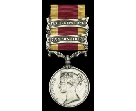 China 1857-60, 2 clasps, Canton 1857, Taku Forts 1858, unnamed as issued, top clasp with pierced lugs, light contact marks, o