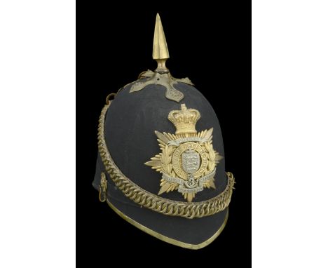 A 3rd Royal Guernsey Militia Officer’s Blue Cloth Helmet c. 1878-1901. The skull complete with all gilt metal fittings, the f