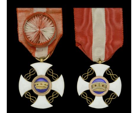Italy, Kingdom, Order of the Crown (2), Officer’s breast badge, 37mm, gold and enamel, in Confalonieri case; Knight’s breast 