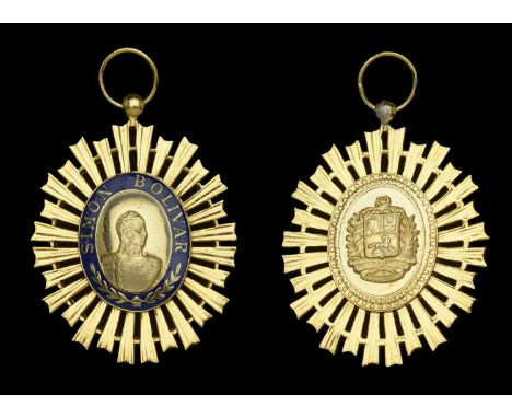 Venezuela, Republic, Order of the Liberator, Third Class neck badge, 57mm x 42mm, silver-gilt and blue enamel, unmarked, extr