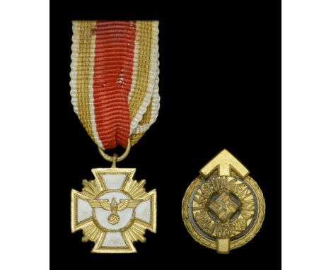 Germany, Third Reich, N.S.D.A.P. 25 Year Long Service Medal, 16mm, gilt and enamel, ring marked number 19; together with a mi