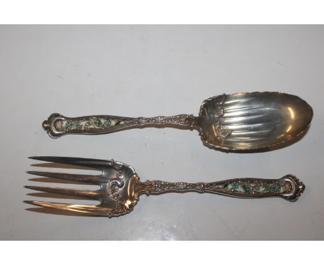 A sterling silver and enamel decorated serving spoon and fork, approx. total weight 214gms