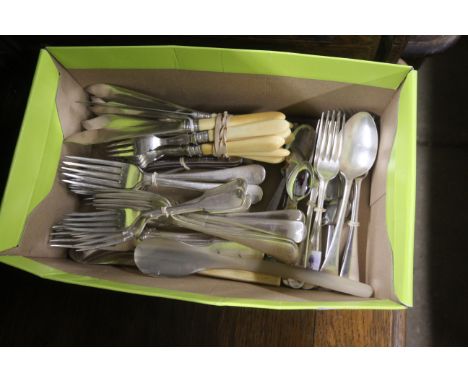 A box of various silver plated flatware 