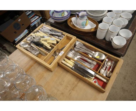 Two cutlery trays and contents of various silver plated and other flatware including Kings pattern