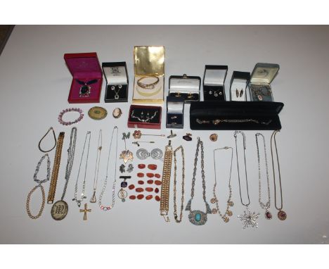 A box of various costume jewellery including necklaces; necklace and ear-ring sets; cuff-links etc