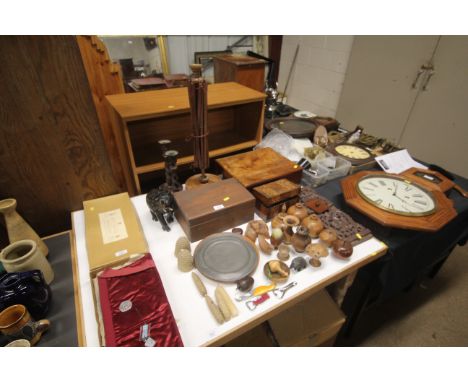 A quantity of various wooden items to include elephant, pair of barley twist candlesticks, trinket boxes, carved oak book sli