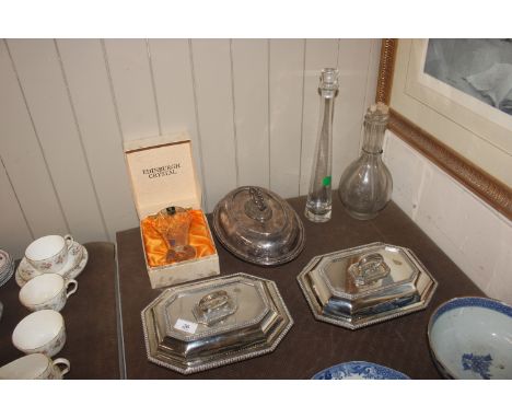 Three silver plated entrée dishes; boxed Edinburgh crystal vase; a four section glass decanter and a glass decanter and stopp