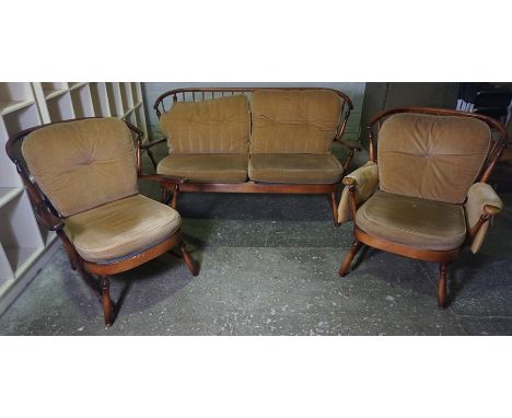 Ercol Style Three Piece Lounge Suite, Sofa 82cm high, 157cm wide, (3)