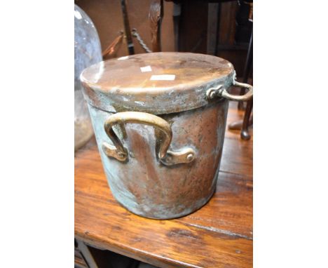 A vintage copper lidded pot, with monogram ES to lid, height approx. 29cm
