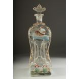 A VICTORIAN FOUR DIVISION DECANTER AND STOPPER, painted with ducks and a windmill etc. 14ins high.