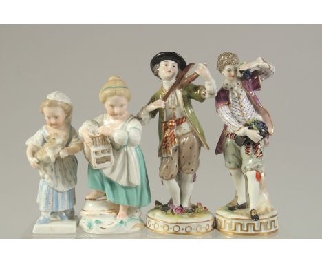 FOUR CONTINENTAL FIGURES, two Rudolstadt boys, one with a violin and another with grapes, and two Sitzendorf girls, one with 