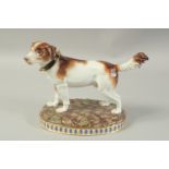 A MEISSEN MODEL OF A HUNTING DOG first modelled by Gottlob Luck. Circa. 1840. 20cm high. Cross sword