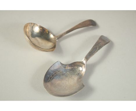 TWO GEORGIAN SILVER CADDY SPOONS. Birmingham 1797 &amp; London 1789.
