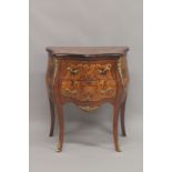 A LOUIS XVITH DESIGN INLAID BOMBE CHEST with two drawers, on curving legs.