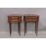 A NEAR PAIR OF LOUIS XVI DESIGN INLAID KIDNEY SHAPED BEDSIDE TABLES. 2ft 6ins high x 1ft 10ins