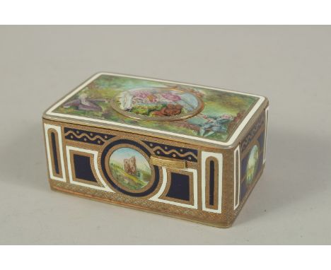 A SUPERB SINGING BIRD BOX by KARL GRIESBAUM with panels of figures and rural scenes. 4ins long, 2.5ins wide, 1.75ins diameter