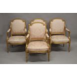 A VERY GOOD SET OF FOUR 19TH CENTURY LOUIS XVITH DESIGN FAUTEUIL with satin backs, arms and seats,