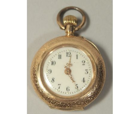 A LADIES 14CT GOLD AND BLUE ENAMEL FOB WATCH.