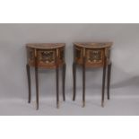 A PAIR OF LOUIS XVI DESIGN INLAID HALF MOON BEDSIDE TABLES with three drawers on curving legs. 2ft