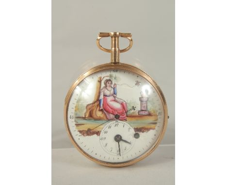 A GEORGE III 18CT GOLD OPEN FACE POCKET WATCH with enamel dial, painted with a long classical lady and urn. No. 8994.