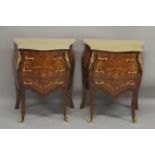 A PAIR OF LOUIS XVI DESIGN INLAID SERPENTINE FRONTED MARBLE TOP COMMODES with three drawers, on
