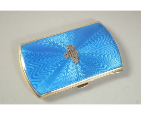 A SILVER AND BLUE ENAMEL CIGARETTE CASE with a basket of flowers. 3.245ns x 2ins. Stamped .925.  Maker: F. B. R.