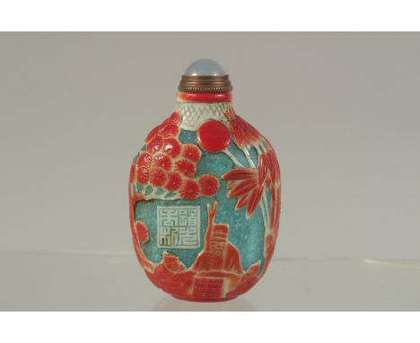 A GOOD CANTON ENAMEL SNUFF BOTTLE, with bamboo, buildings and cranes. 8cms long.